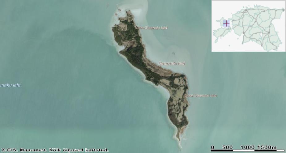 Piklik ja kõverik Saarnaki laid oli veel paarsada aastat tagasi hoopiski kaks saart: Vähe-Saarnaki ja (Suur-)Saarnaki. Allikas: Maa-ameti Geoportaal