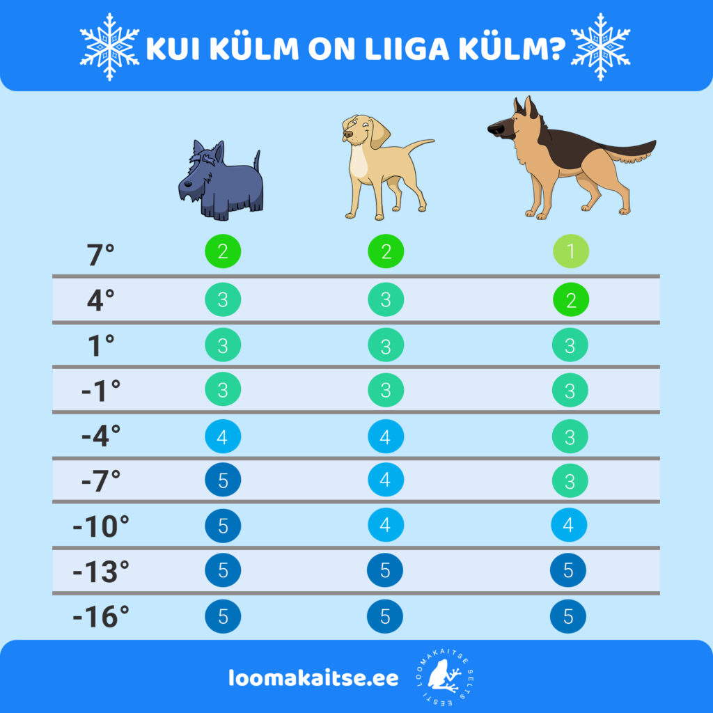 1 – Risk puudub. Lõbutsege õues julgelt! ; 2- Risk on madal. Nautige õues olemist, aga jälgige ka koera!; 3 – Võib olla ohtlik, oleneb tõust. Hoidke lemmikul silm peal!; 4 – Ohtlik külm. Olge ettevaatlik!; 5 – Suure tõenäosusega elu ohustav. Vältige kaua õues viibimist.