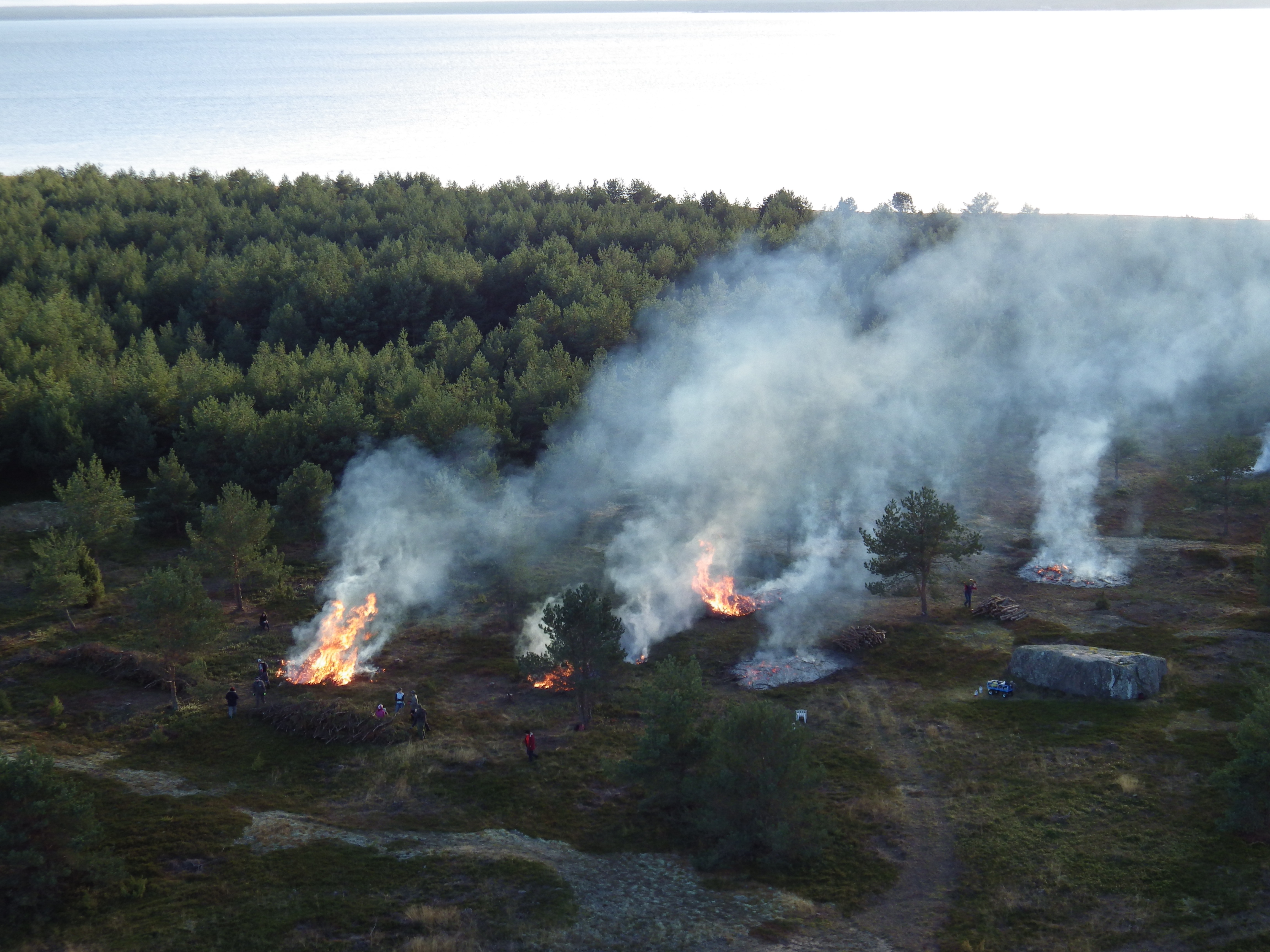 Sügisene oksahunnikute põletamine rändrahnu kõrval oleval talguplatsil 2014. aastal. Sellist ülevaatliku pilti kõrgusest enam teha ei saa, sest … (Foto: Eero Väin).