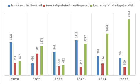 Joonisel on toodud välja viimastel aastatel Keskkonnaametile teadaolev huntide poolt murtud lammaste arv ja karude kahjustatud mesilaspered ja silopakendid.